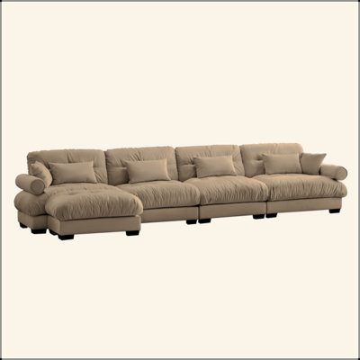 L Shaped Sectional Cloud Sofa , Convertible Deep 4 Seater Modular Couch For Living Room,Modern Velvet Comfy Upholstered Corner Couch  Waist Pillows, Throw Pillows And Blostered Armrests