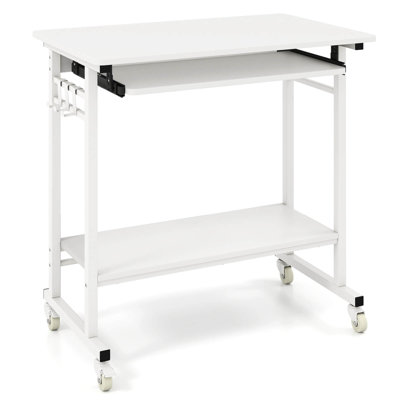 Bureau d'ordinateur portable mobile avec plateau à clavier, tablette inférieure, 3 crochets, 4 roues universelles blanches