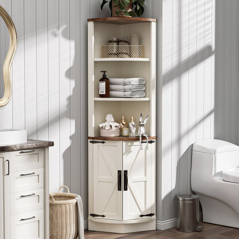 Corner Cabinet With Barn Door Design, White/Brown
