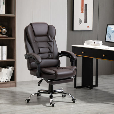 Fauteuil de direction ergonomique à haut dossier, fauteuil d'ordinateur en cuir PU avec repose-pieds rétractable, soutien lombaire, appui-tête et accoudoirs rembourrés, café
