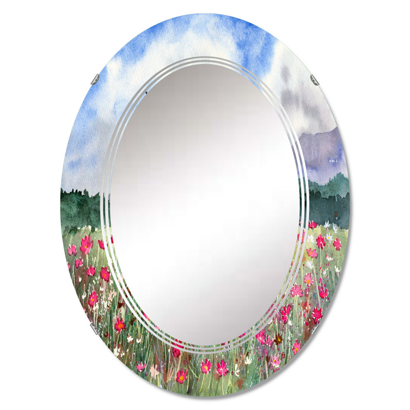 Paysage avec un champ de fleurs blanches et roses - Miroir mural ovale, 36 po x 24 po