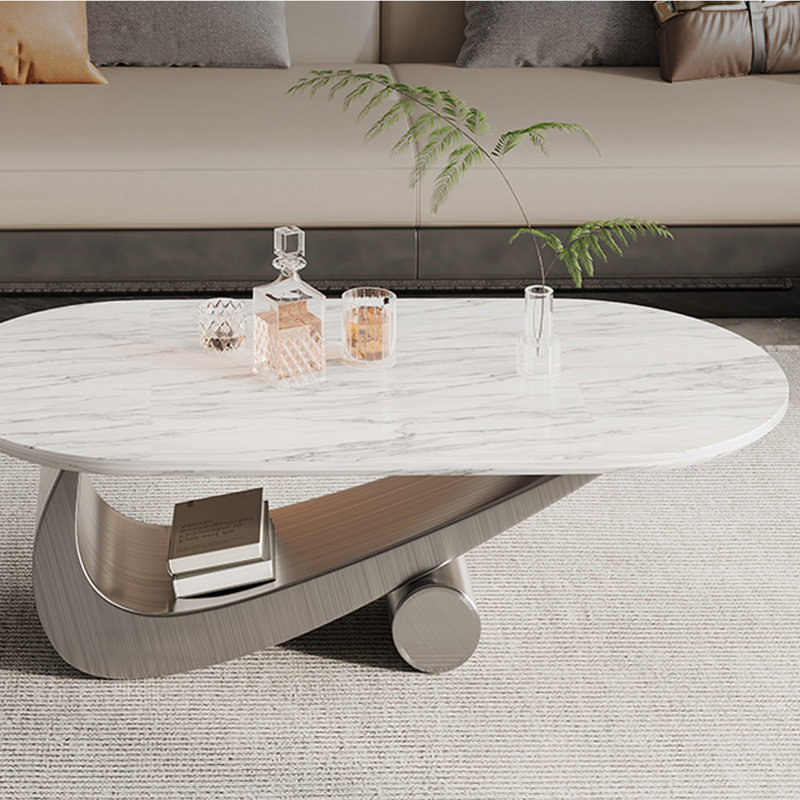 Table basse moderne minimaliste ovale en marbre, H 17,7 po x L 55,1 po x l 27,6 po, Gris