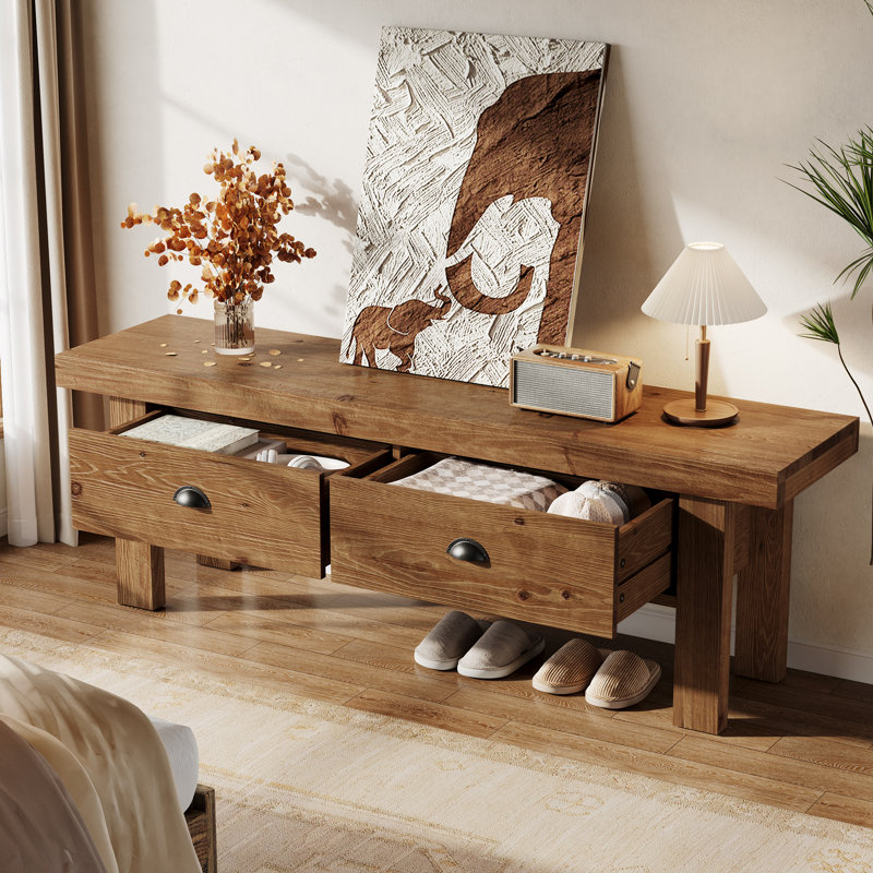 Banc de bout en bois massif 55,12 po avec 2 tiroirs