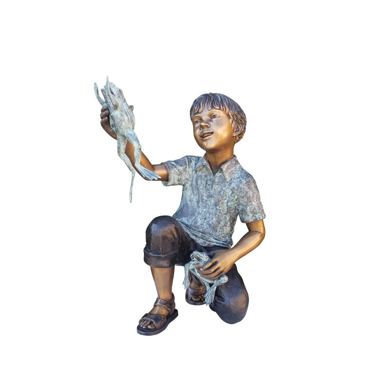 A Little Boy Playing with Two Frogs Bronze Statue Fountain  18" x 16" x 25"H