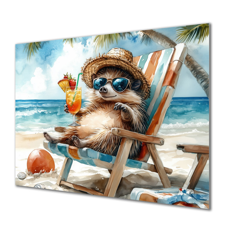 Hérisson sur la plage - Art mural animaux côtiers, H 16 po x l 32 po x P 1 po, Métal métal