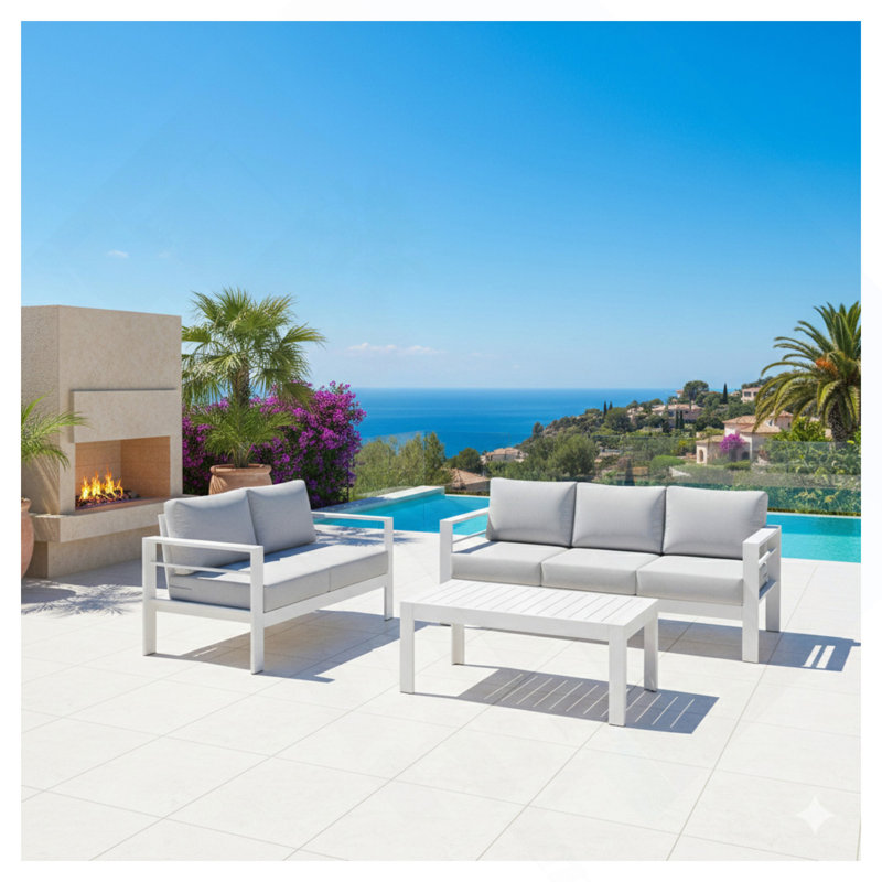 Ensemble de conversation de patio 3 pièces en aluminium 3 pièces, canapé d'extérieur 5 places avec coussins gris clair épais et structure blanche et table basse