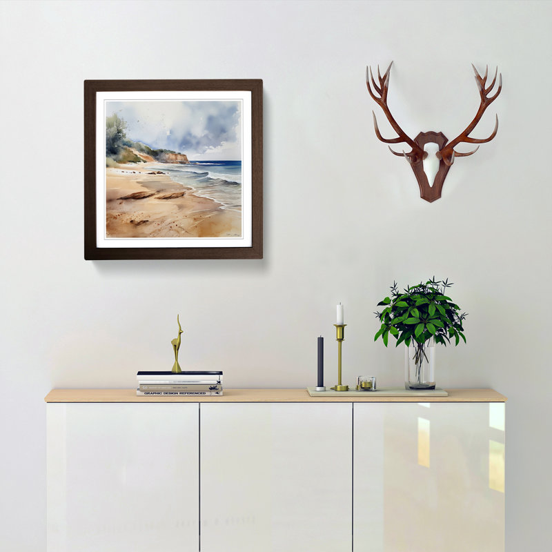 Beach Watercolour No.5 Framed Print, Walnut