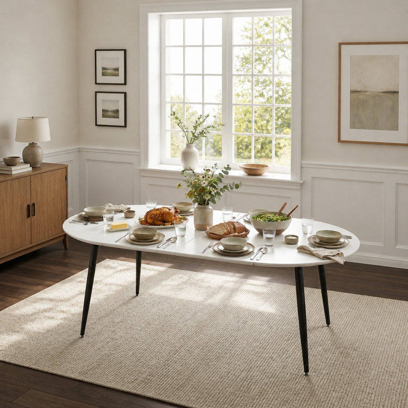 Table de salle à manger blanche extensible ronde avec pieds en métal noir