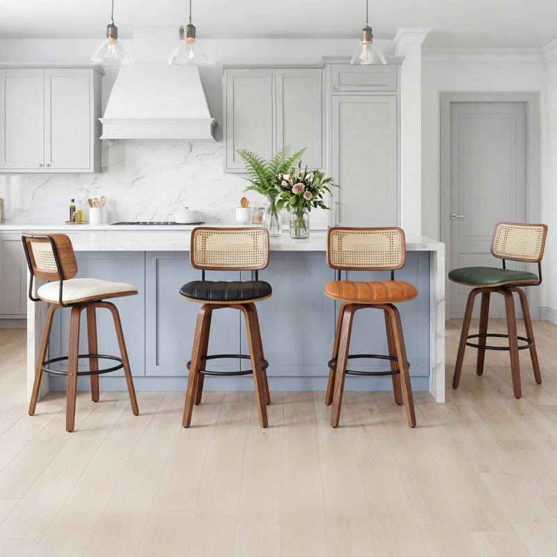 Swivel Upholstered Velvet Bar Stool with Solid Wood Frame, BROWN, Set of 2, 63.5cm