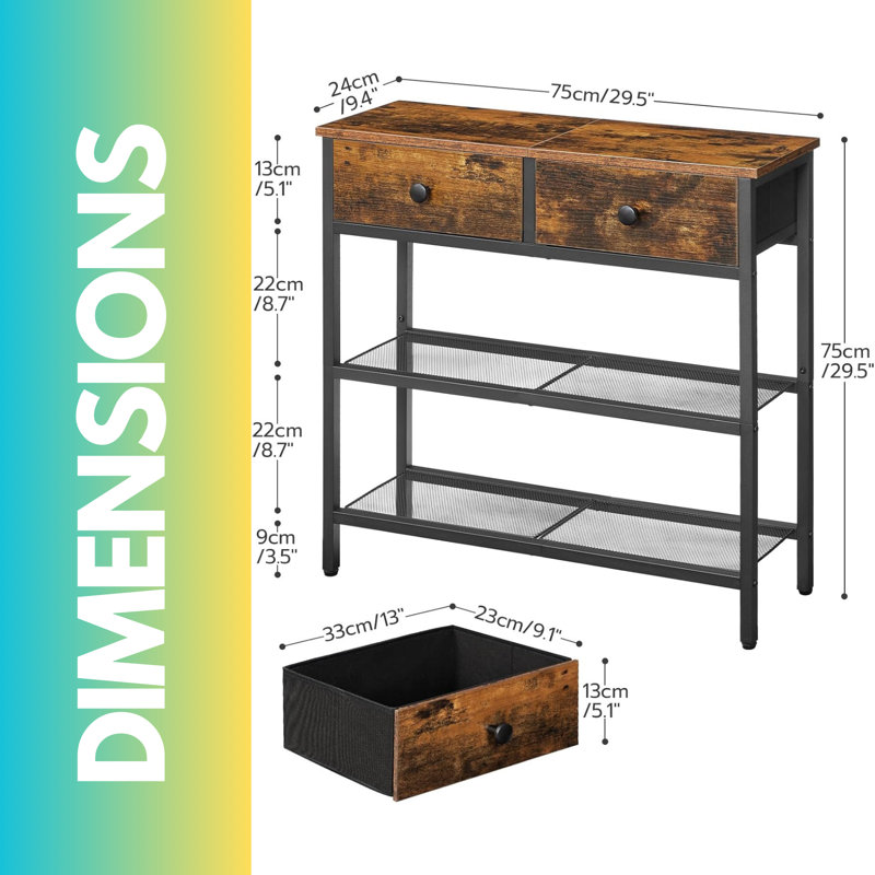 75cm 3 Tier Rustic Console Table with Storage Drawers Entryway Hallway Living Room
