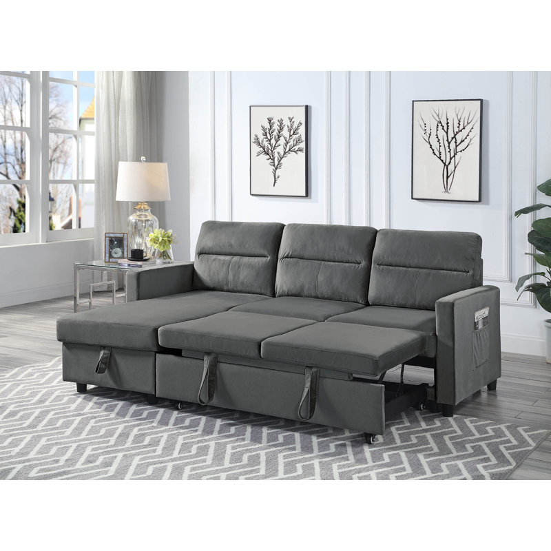 Dawnette 81.5" Wide Velvet Reversible Sleeper Sofa & Chaise, Dark Gray Velvet