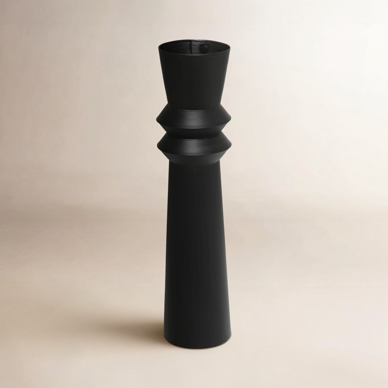 Black Metal Tall Art Deco Fluted Floor Decorative Vase, 8" x 8" x 32", Black, 31.75" H x 8.5" W x 7.8" D