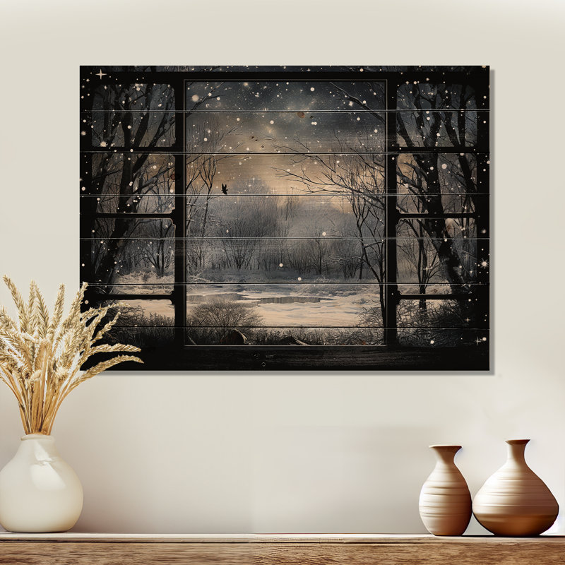 «Midnight Gothic Winter Window View I - Winter Landscape on Wood Print», H 24 po x l 32 po