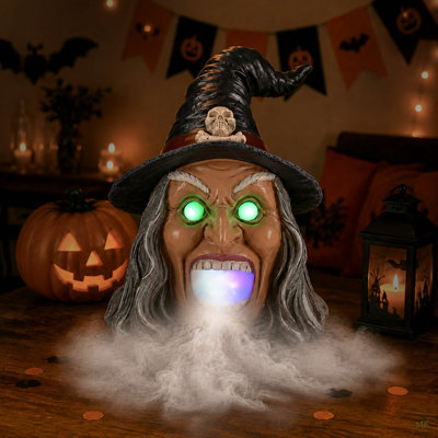 Tête de sorcière décorative pour l'Halloween avec lumière DEL et effet brume, décoration de table effrayante avec yeux brillants