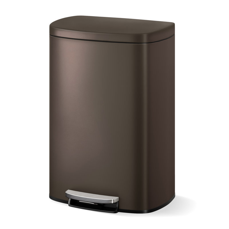 Poubelle brune 50L avec couvercle à fermeture douce, poubelle de cuisine antirouille avec seau intérieur et poignée arrière, poubelle en métal argenté