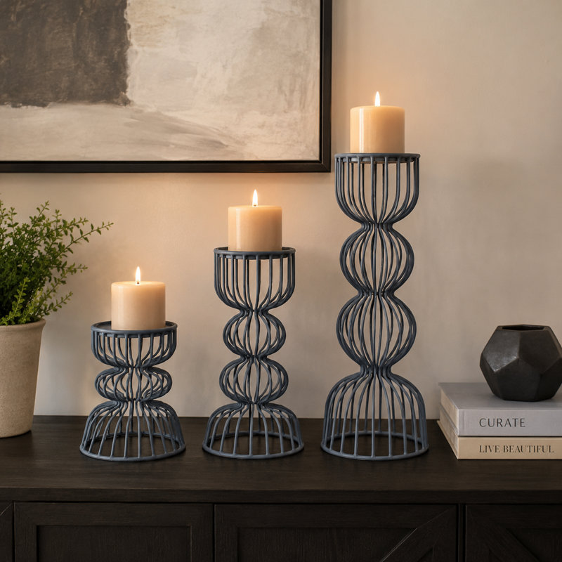 Ensemble de 3 chandeliers de table en métal fabriqués à la main gris Lainon, gris