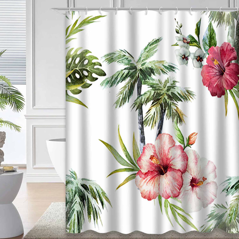 Rideau de douche avec 12 crochets Watercolor Palm Tree and Bird Jungle, L 72 po x l 78 po