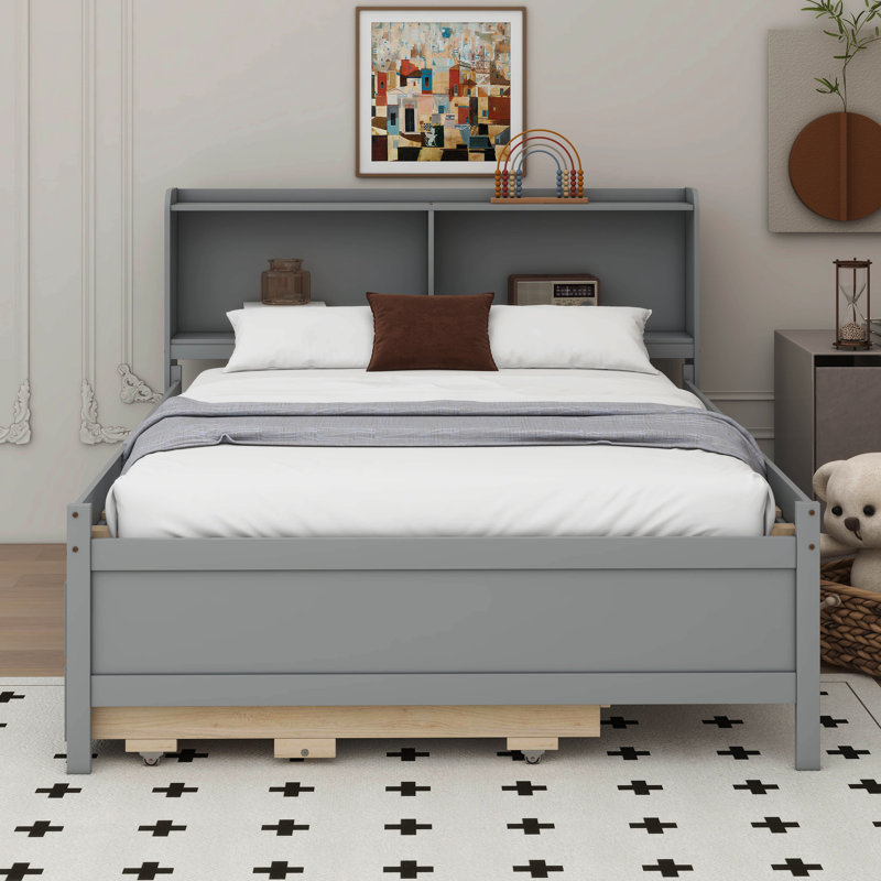 Full Size Bed With Twin Trundle, Wood Platform Bed With Bookcase Headboard And Storage Drawers, Grey