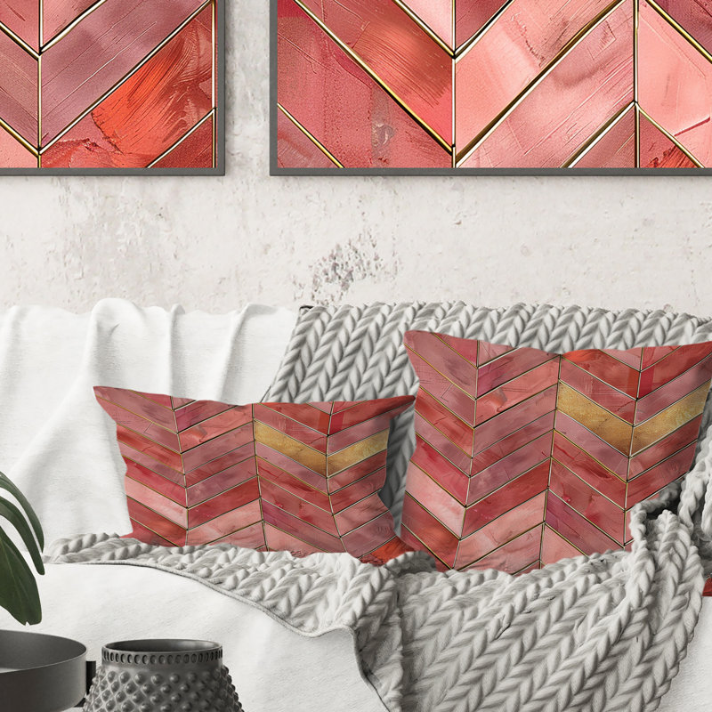 Coussin décoratif rose doré à chevrons glamour Mid-Century, H 16 po x l 16 po