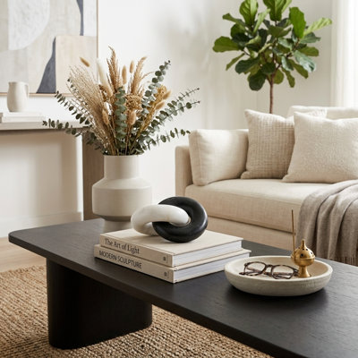 Modern Double Ring Marble Chain Decorative Object For Tabletop Decoration - Sculptural Knot Accent For Living Room Or Home Decor Styling - Black & White