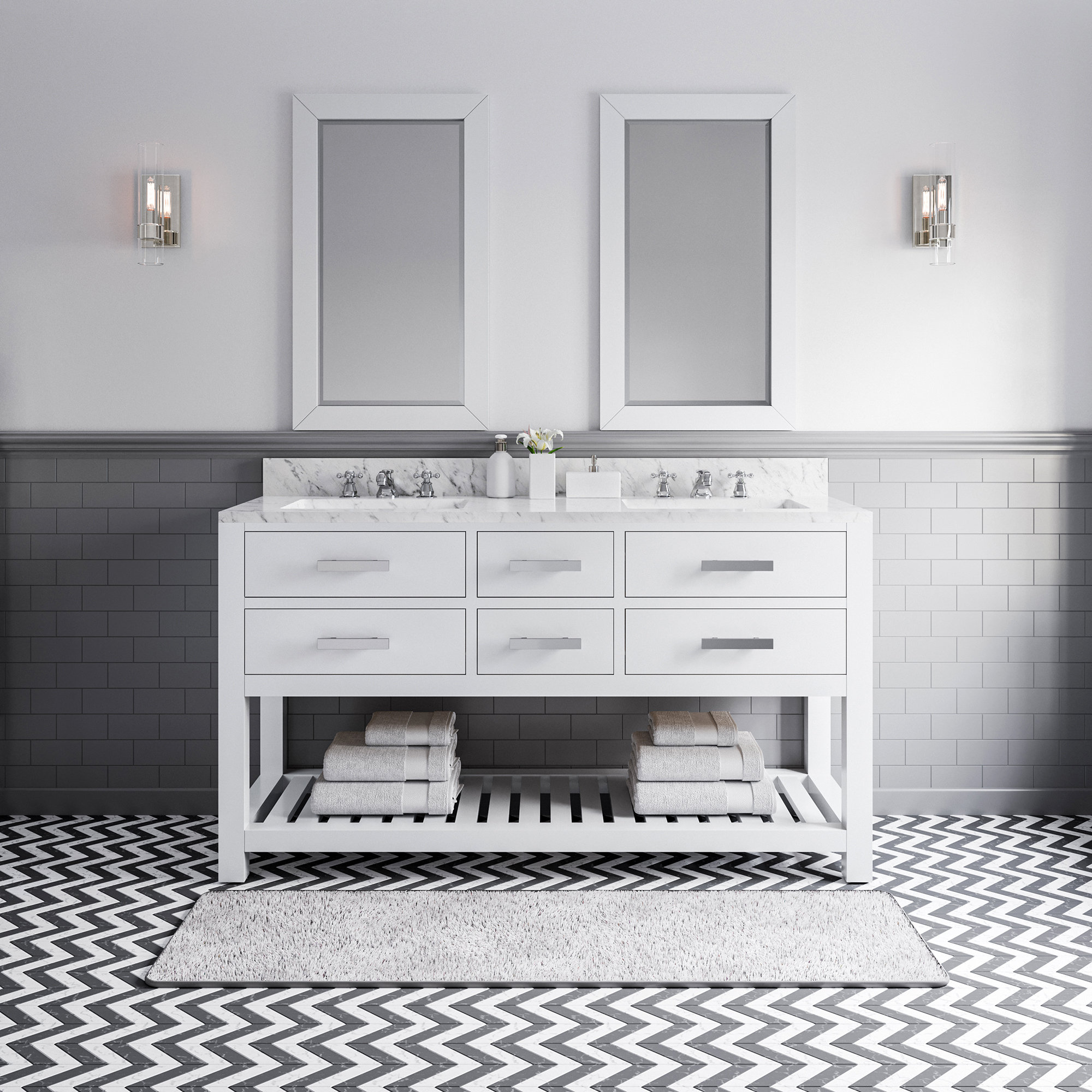 Parmer 60" Carrara White Marble Countertop Bath Vanity with Mirror, 34" H x 60" W x 21.5"D, Pure White