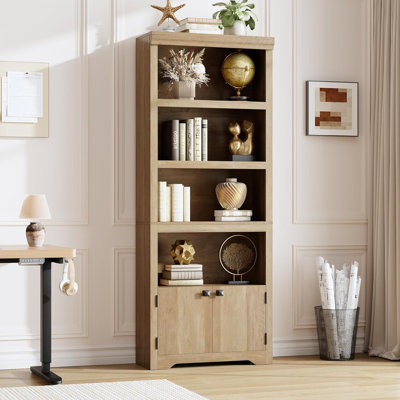 69'' Farmhouse Bookshelf, 5-Tier w/ 2 Doors & Adjustable Shelves, Storage Rack for Home Office, Living Room, Brown