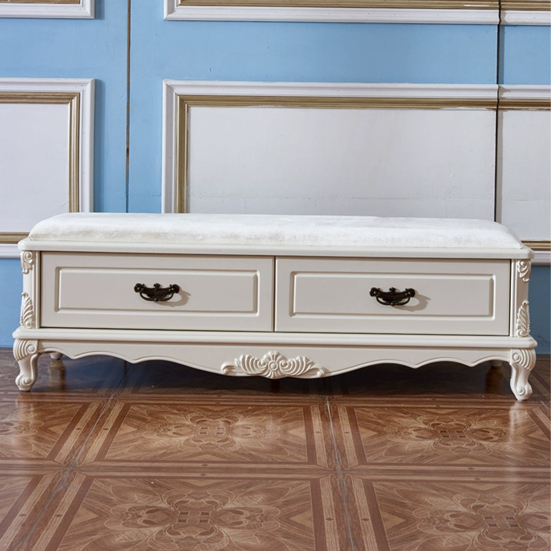 Banc de rangement sculpté en chêne velours de style européen pour chambre et salon