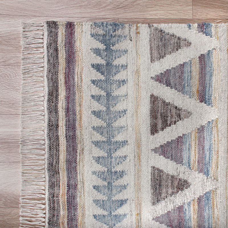 Tapis géométrique tissé à plat à la main en jute / coton bleu / mauve / beige Bossert, Rectangle 9 pi x 12 pi