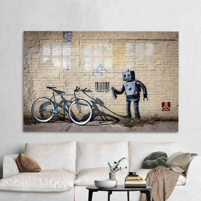 Abstrait art graffiti robot imprimé sur verre pour décoration intérieure contemporaine, H 47,2 po x l 70,9 po