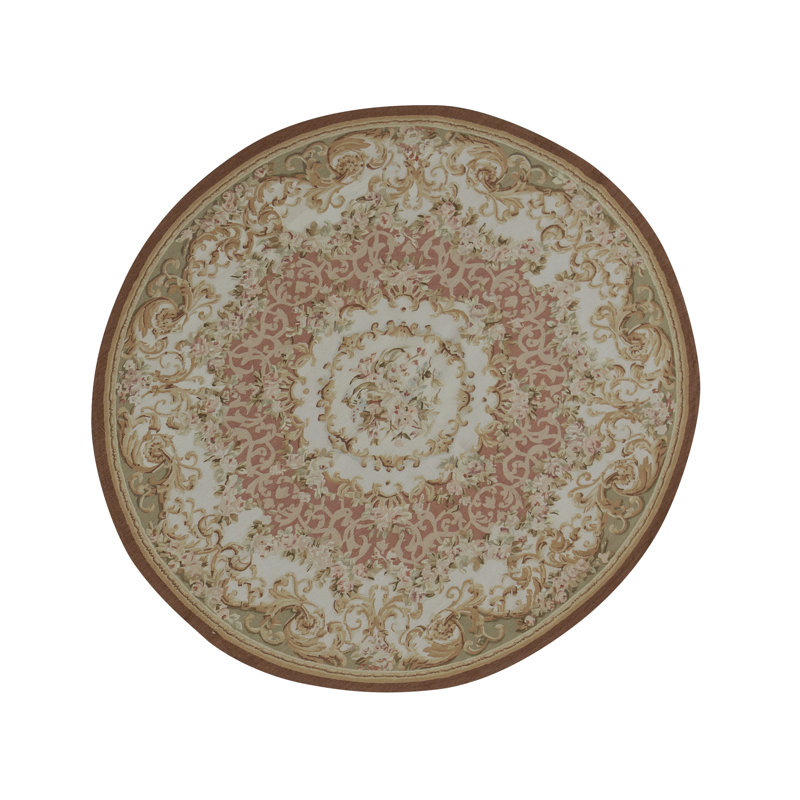 Hand-Knotted High-Quality Rose and Ivory Round Area Rug