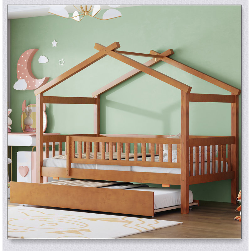 Wooden House Bed With Trundle, White