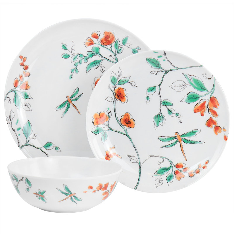 White Floral Dragonfly Melamine Dinnerware Set, Service for 4