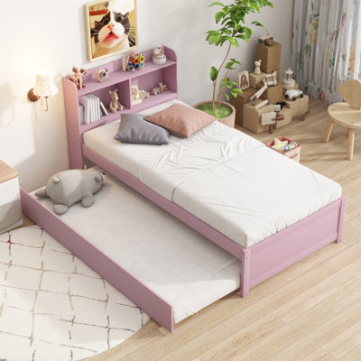 Twin Bed With Trundle,Bookcase,Pink