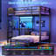 Lit superposé simple au-dessus de simple avec bureau et station de charge, lit mezzanine en métal, lit simple avec lumières à DEL et tablettes et tiroirs de rangement, lit superposé en forme de L-382158813