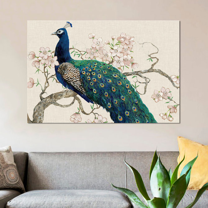 «Peacock & Blossoms II», reproduction d'art sur toile tendue, H 26 po x l 40 po x P 1,5 po, Toile tendue, Pas de tapis