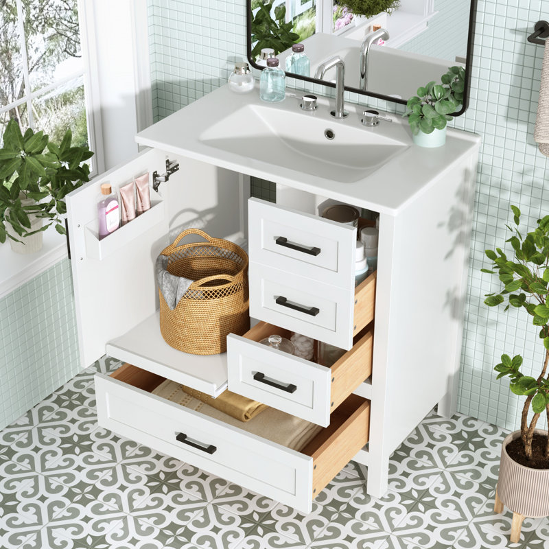 Ensemble de meuble-lavabo avec lavabo 30 po, armoire de rangement pour salle de bain avec plateau amovible et structure en bois massif