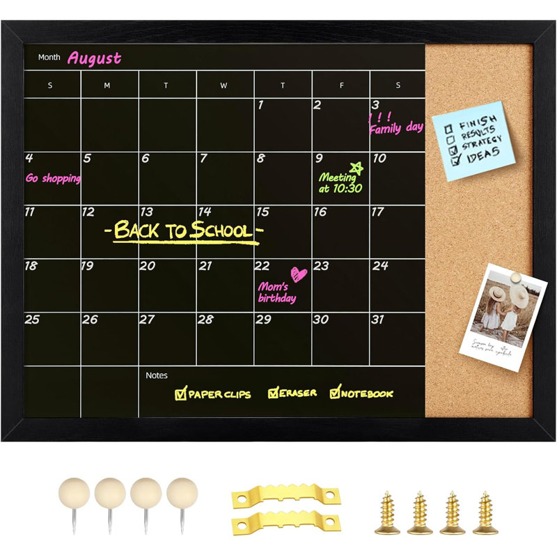 Chalkboard & Cork Board, Magnetic Surface Monthly Calendar Chalkboard & Bulletin Board, Combination Chalkboard Calendar For Wall, Decorative Black Wood Framed Memo Board