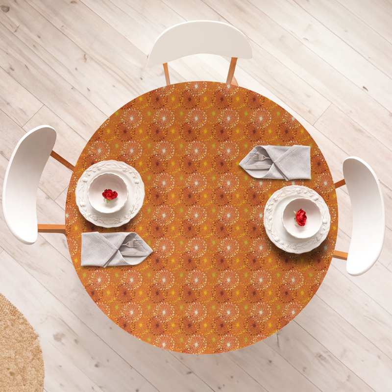 Ebern Designs Orange Fitted Round Tablecloth Yellow Brown White