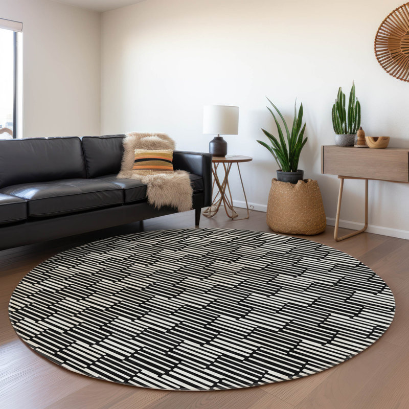 Premium Machine Washable Prisco Black Rug, Round 8'