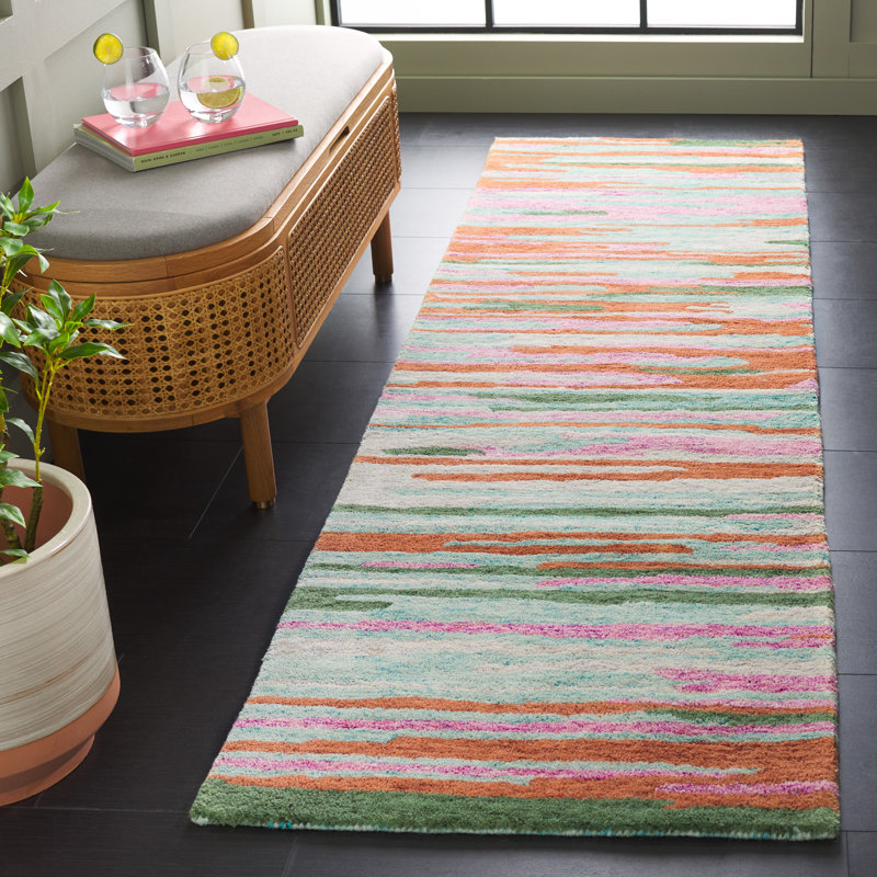 Jhoan Tufted Wool Cotton Performance Abstract Rug in Green/Pink, Runner 2'3" x 8'