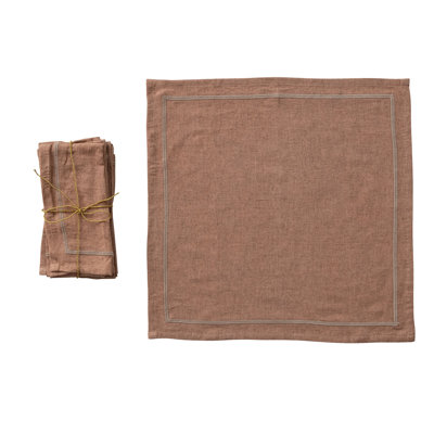 Linen Blend Napkins With Embroidered Boarder, Orange