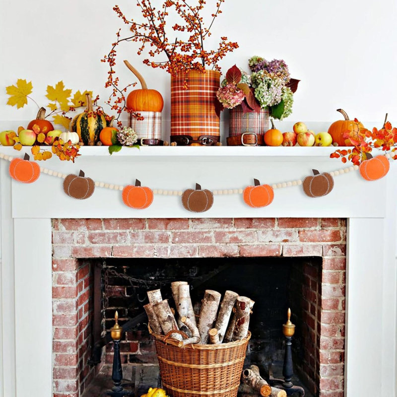 Décoration d'automne, décorations d'automne pour la maison, guirlande de citrouille en feutre et perle de bois pour décorations d'automne, décoration murale de citrouille d'automne pour manteau de cheminée