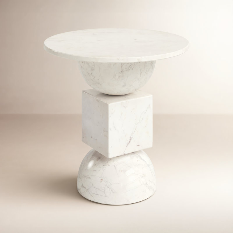Zed Genuine Marble Pedestal End Table, Polished White