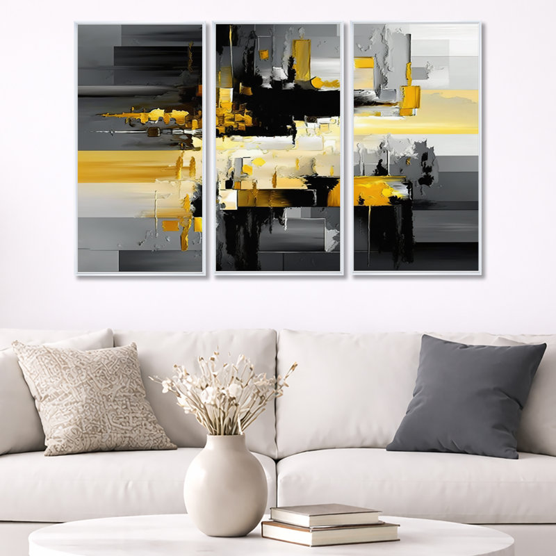Abstrait géométrique noir et jaune en V - impression de 3 pièces, Cadre blanc, L 48 po x H 32 po