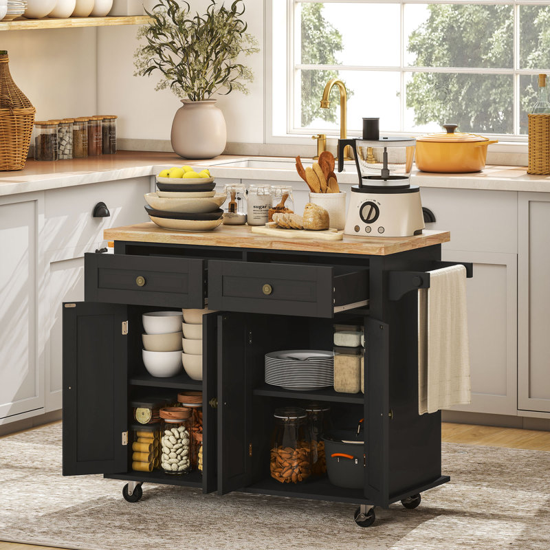 Alyxandra Kitchen Island On Wheels, Rolling Cart With wood Top, Spice Rack, Towel Rack And Drawers, sland,coffee cart,rolling kitchen island