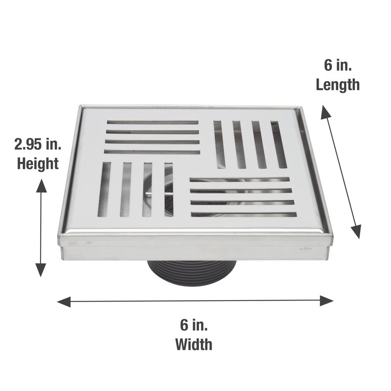 6" Square Shower Drain with Elements Pattern Grate, Polished Chrome