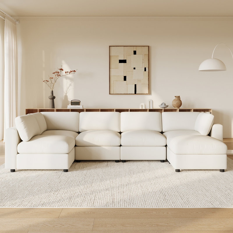 Ensemble de canapé convertible 129 po en U en chenille avec repose-pieds, combinaison libre et canapé-lit, White