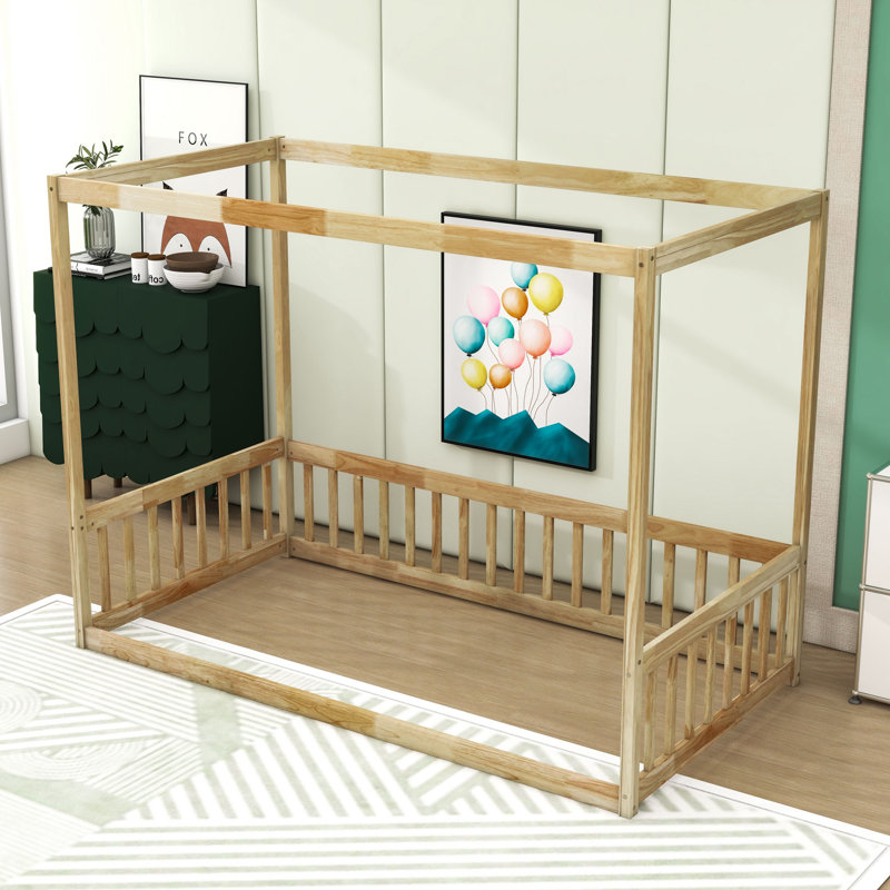 Canopy Floor Bed With Guardrails For Dreamy, Twin, Natural