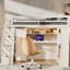 Lit mezzanine beige avec garde-robe intégrée, bureau d'étude, rangement ouvert et lumières à DEL, configuration d'espace pour les chambres d'adolescent et chambre à coucher double