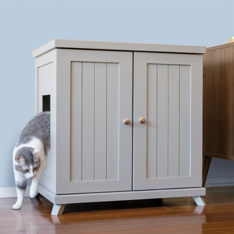The Refined Litter Box - Wood Cat Litter Box Enclosure Cabinet with Drawer, Cottage Style + Feet, Large, Smoke Gray, Square